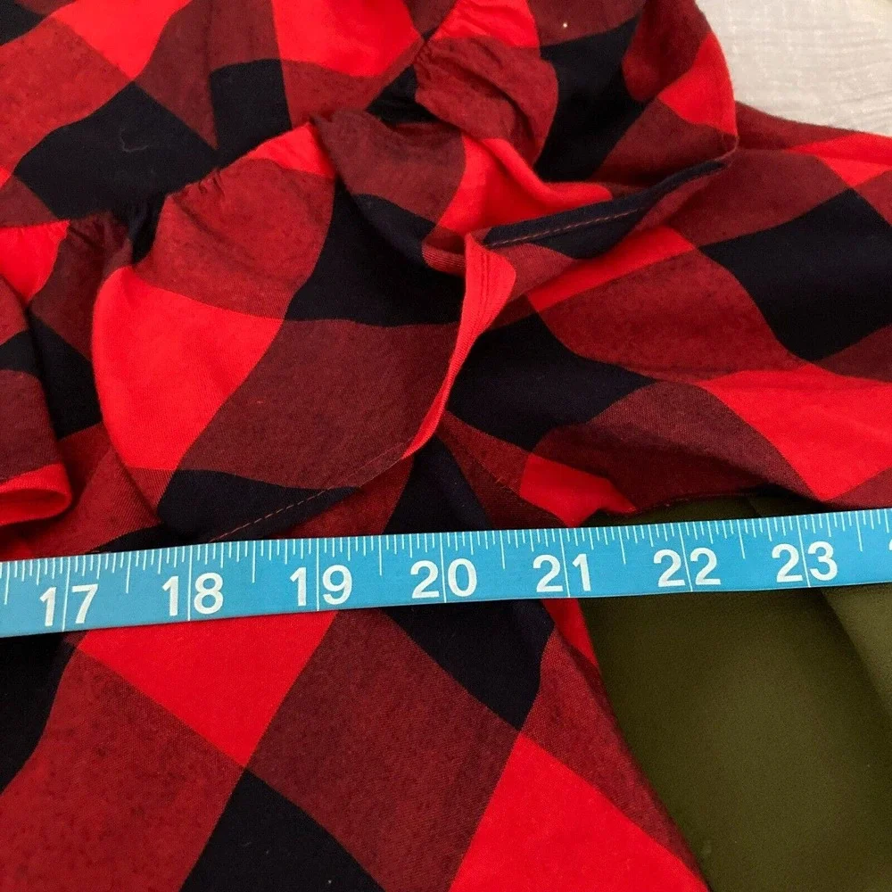 Crown & Ivy Shirt Womens Sz L Red Navy Blue Buffalo‎ Plaid Long Sleeve Ruffle